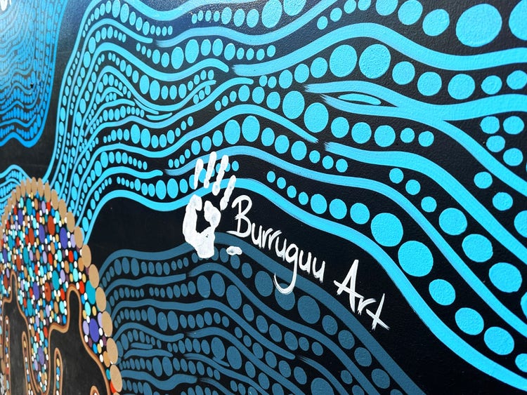 A photo of our indigenous art work that is painted on a wall at school.