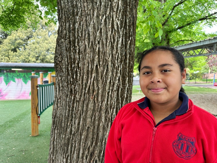 A student standing near the trunk of a tree.