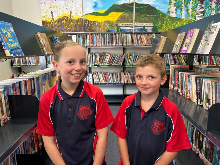 Two students standing in the library.