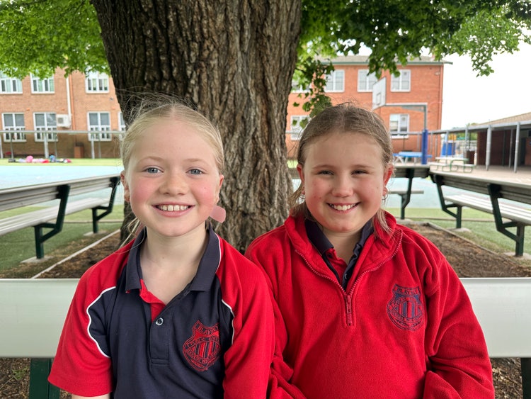 Two students sitting in the playground under a tree smiling.