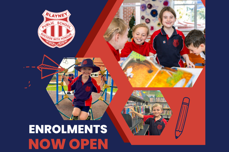 Flyer with three photos of students at our school identifying enrolments are now open