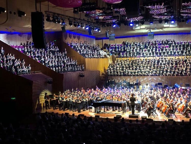 Inside the Opera House performing the recorder with an orchestra.