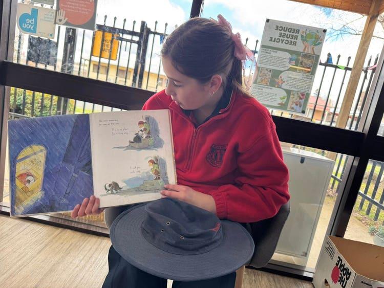Student reading an open picture story book.